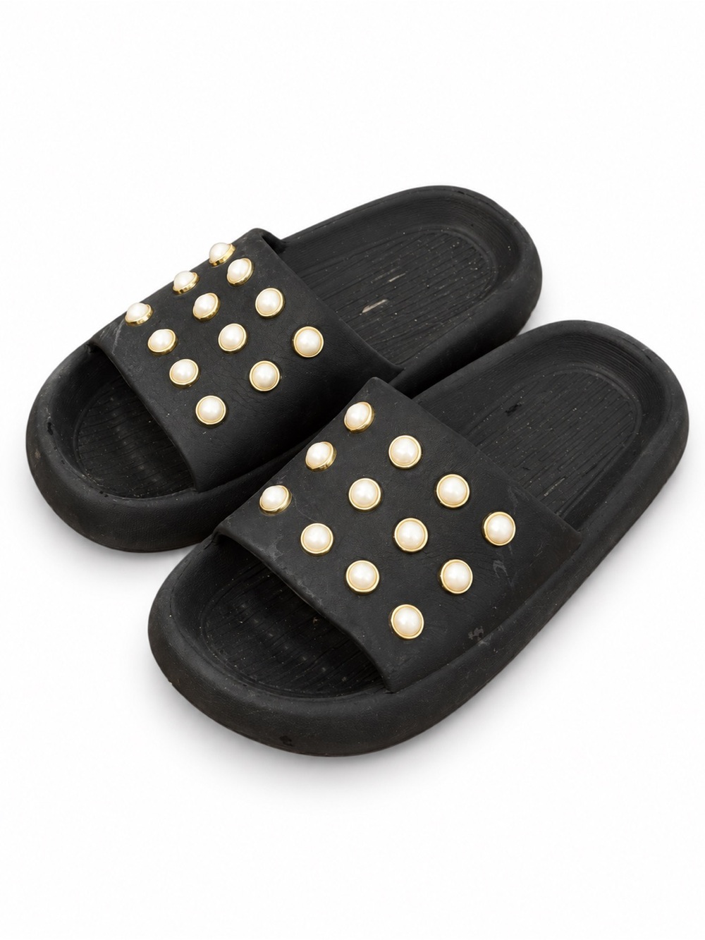 Black Pearl-Embellished Chunky Slide Sandals